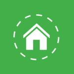 White vector graphic of home with a white dashed circle perimeter on a green background.